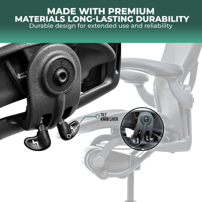 Tilt limiter and knob levers for Herman Miller Aeron chair replacement part, close up view
