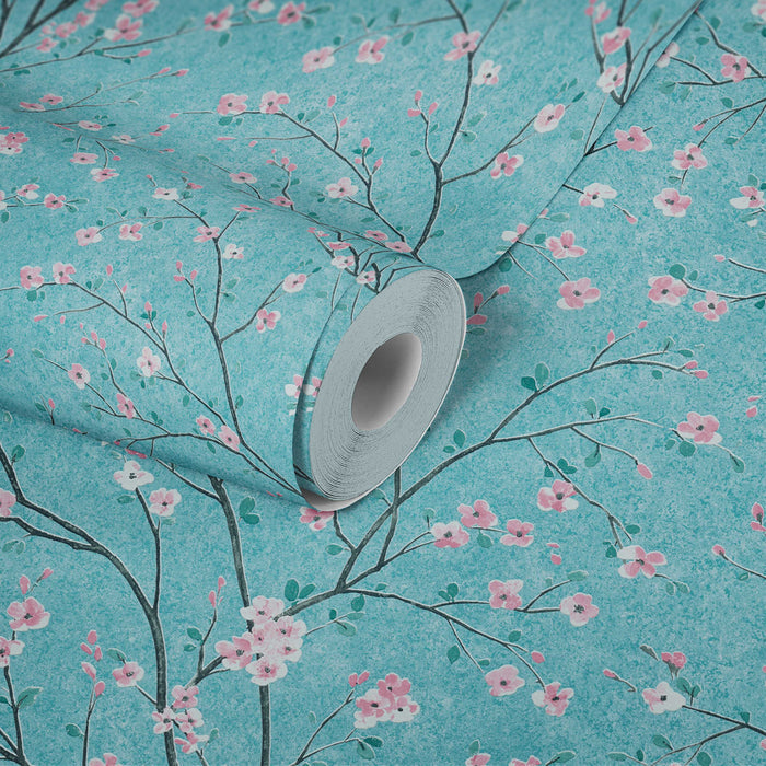 Tokyo Cherry Blossom Wallpaper - Turquoise