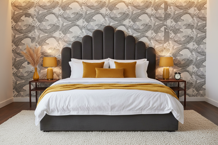 Bedroom - Scalloped Headboard with Tokyo Fish Bowl Wallpaper and Yellow Accents