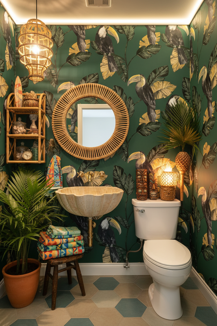 Fun tropical toilet room with Toucan Tiki Wallpaper