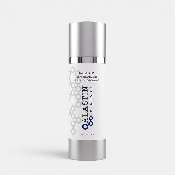 A 4.65 oz (130 g) bottle of Allastin Bodycare TransFORM Body Treatment, featuring a white label with blue and gray text and graphics, and a metallic silver cap, set against a light gray background.