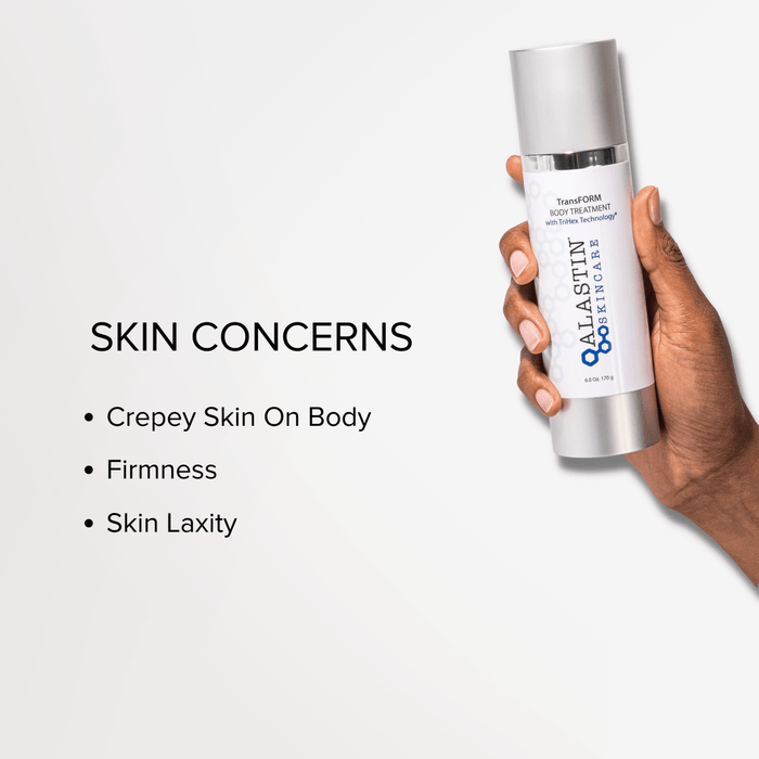 Hand holding a skincare product with text about skin concerns on a white background