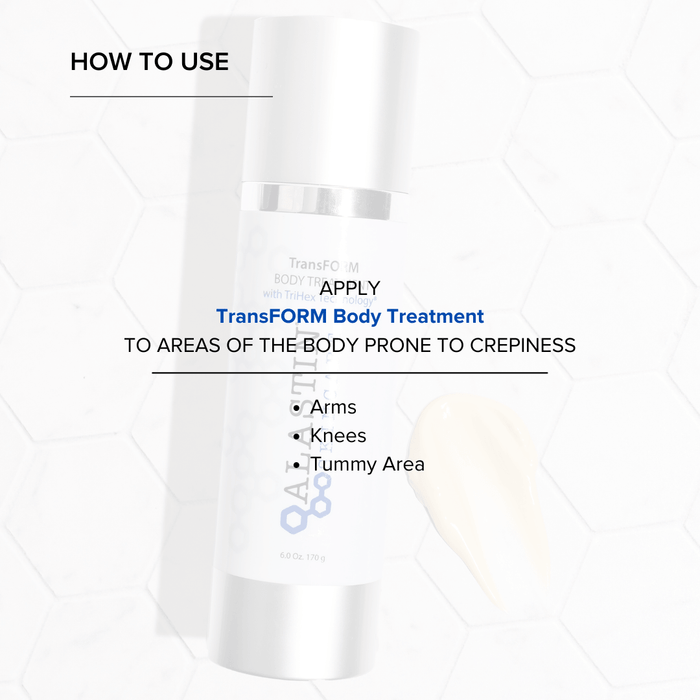 A white cylindrical bottle of TransFO M Transform Body Treatment centered on a light background with instructional text overlays detailing how to apply the body treatment to arms, knees, and the tummy area.