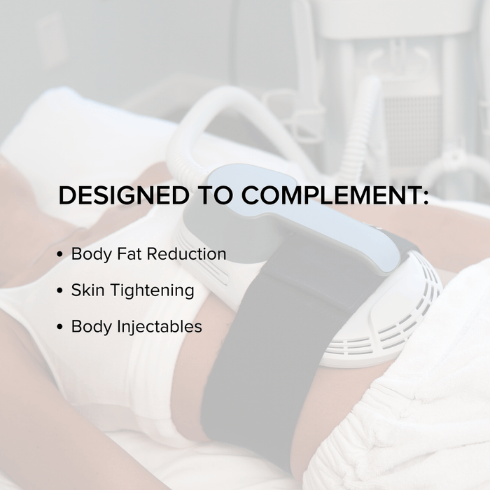 Product being worn on a person with text indicating its uses. For Body fat reduction, skin tightening, and body injectables.