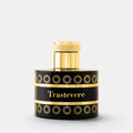 A cylindrical perfume bottle with a black body, gold cap, and gold geometric patterns, featuring the brand name 'Trastevere' on the front, set against a light gray background.