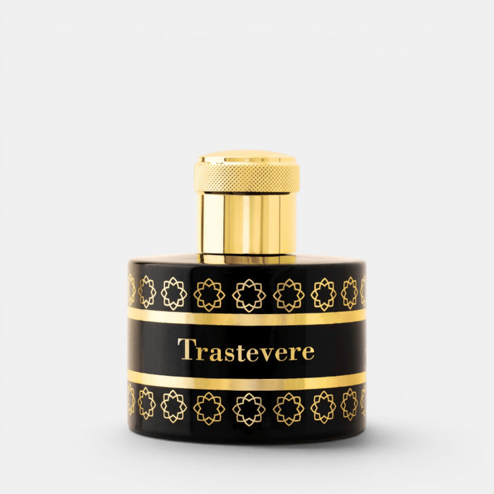 A cylindrical perfume bottle with a black body, gold cap, and gold geometric patterns, featuring the brand name 'Trastevere' on the front, set against a light gray background.
