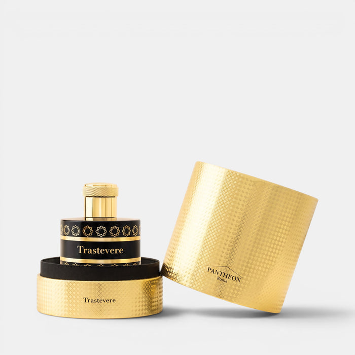 Shop Rescue Spa Trastevere perfume bottle in a black and gold cylindrical box with a textured gold lid