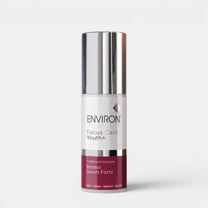 Shop Rescue Spa Environ Tri-Retinoid Complex Retinol Serum Forte in a white and burgundy pump bottle.