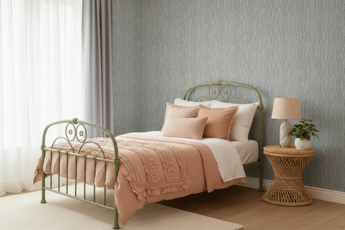 Bedroom with Trianon Opal Wallpaper on Both Walls and Grey Curtains