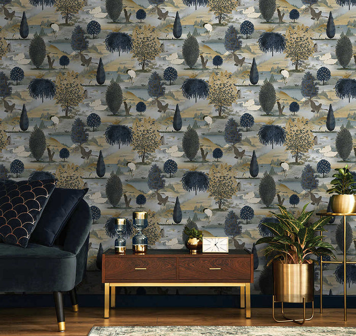 Tundra - Scenic Landscape Wallpaper - Navy/Ochre - Last  Roll
