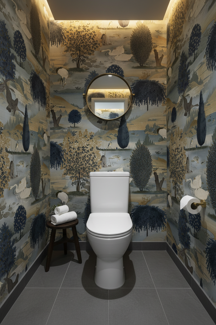 Powder room with Tundra Scenic Landscape Wallpaper Navy Ochre