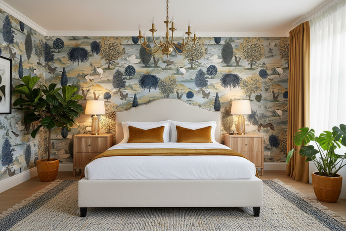 Bedroom with Tundra Scenic Landscape Wallpaper Navy Ochre