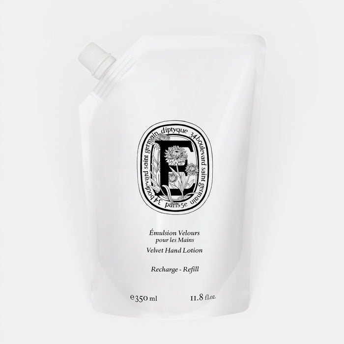 Shop Rescue Spa Velvet Hand Lotion 350ml refill pouch with white packaging and black diptyque branding