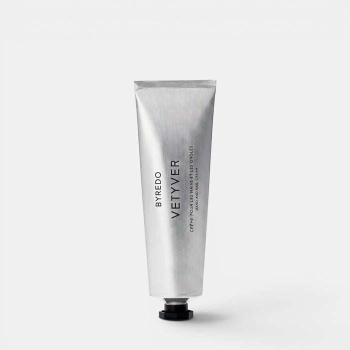 Shop Rescue Spa Byredo Vetyver Hand & Nail Cream in a minimalist silver 50ml tube with black text.