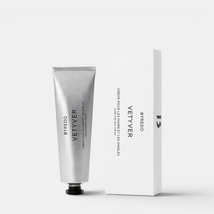 Shop Rescue Spa Byredo Vetyver hand and nail cream tube and white box packaging on a clean white background.