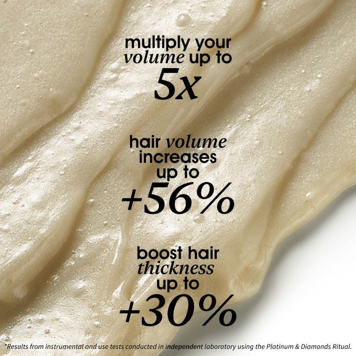 Shop Rescue Spa Volume Conditioner texture showing shimmering beige cream with text highlighting hair volume benefits