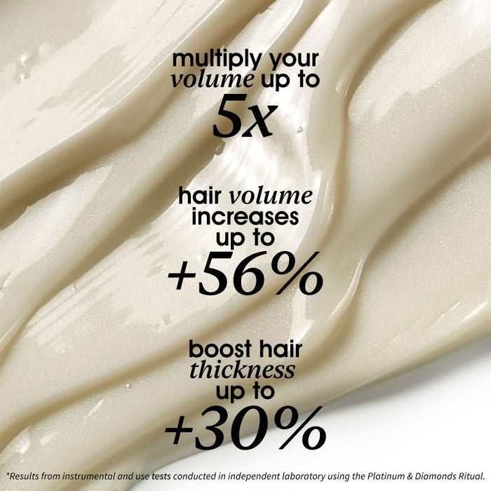 Shop Rescue Spa Volume Serum texture showing creamy off-white hair treatment with performance statistics overlay