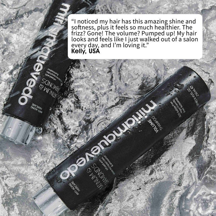 Shop Rescue Spa Miriam Quevedo Platinum and Diamonds Volume Shampoo bottle on a wet, icy surface with a testimonial.