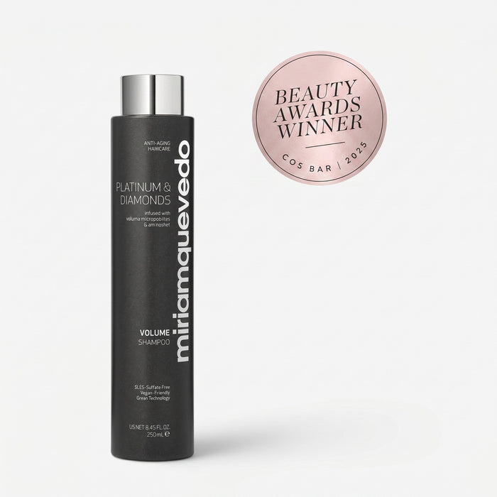 Shop Rescue Spa Miriam Quevedo Platinum & Diamonds volume shampoo bottle with a 2025 Beauty Awards Winner seal.