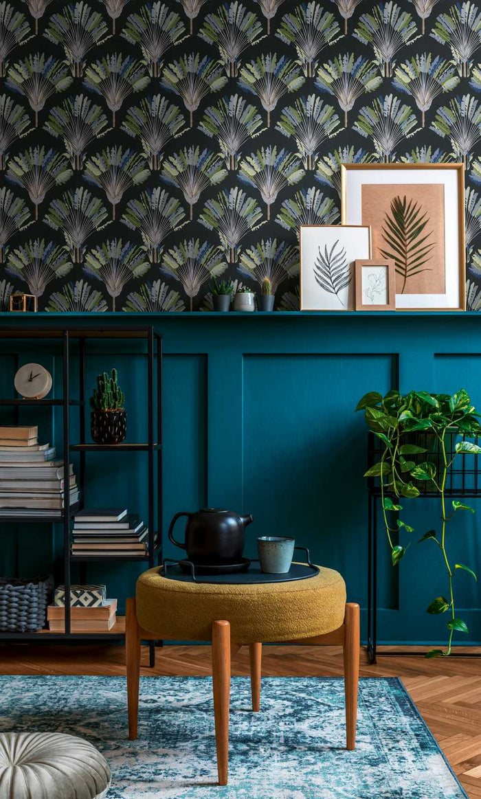 Watercolour Fan Trees Wallpaper - Black/Blue - Discontinuing