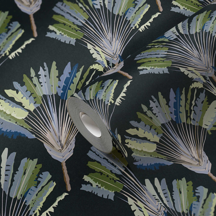 Watercolour Fan Trees Wallpaper - Black/Blue - Discontinuing