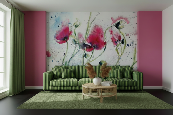 Watercolour Poppy Mural Room Shot - Green Curtain