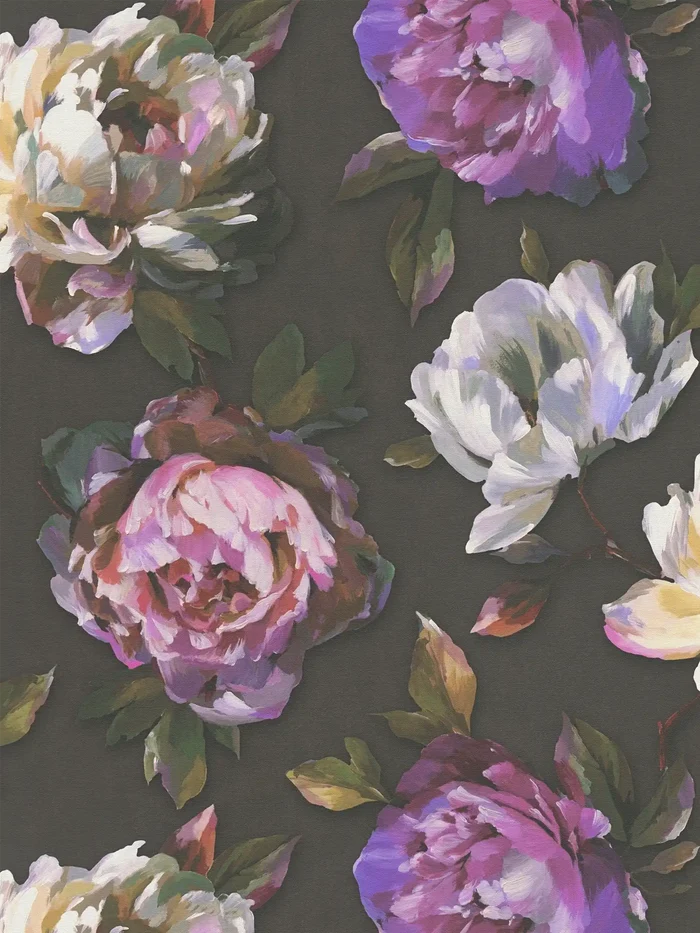 Watercolour Rose Wallpaper - Black, White & Purple