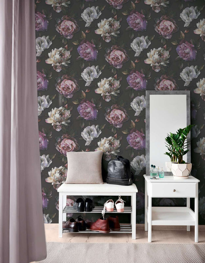 Watercolour Rose Wallpaper - Black, White & Purple