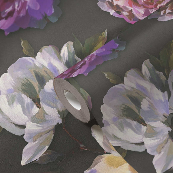 Watercolour Rose Wallpaper - Black, White & Purple