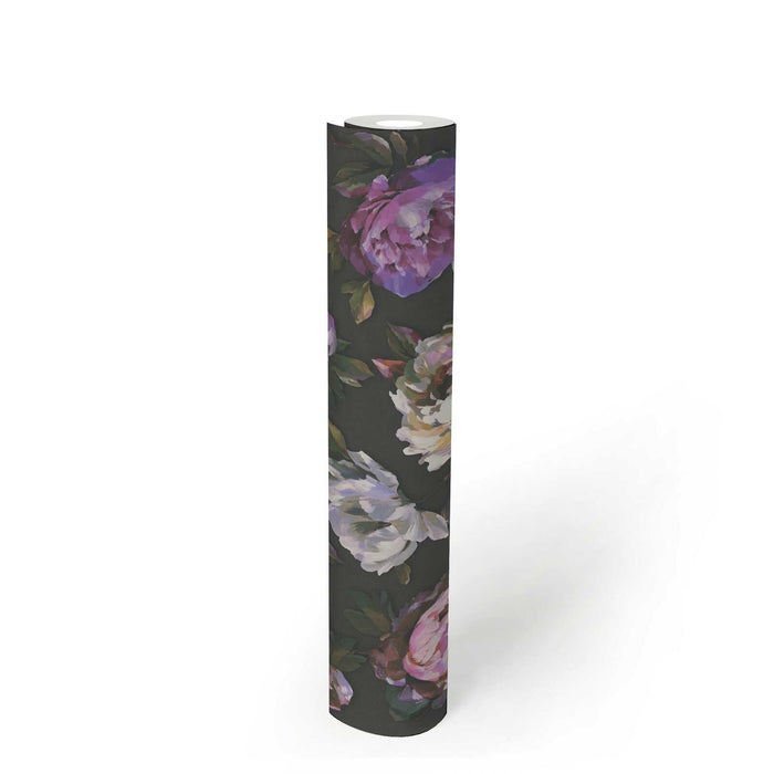 Watercolour Rose Wallpaper - Black, White & Purple