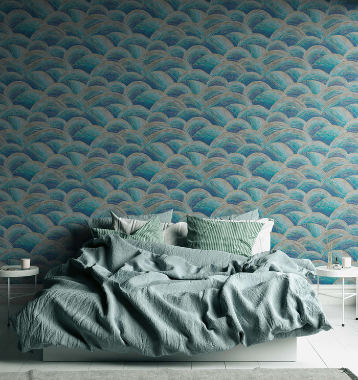 Wave Textured Vinyl Wallpaper - Blue/Gold