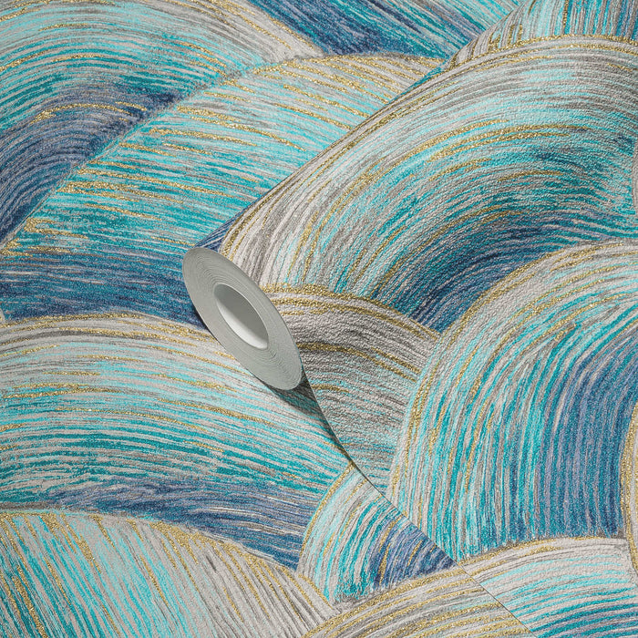 Wave Textured Vinyl Wallpaper - Blue/Gold