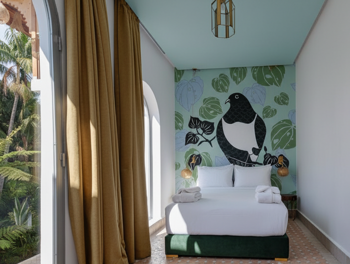 Room with Wood Pigeon Wallpaper - Complementary Curtains