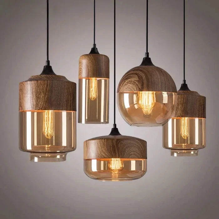 Woodcrest pendant with woodgrain top and smoky tinted glass globe on adjustable 160cm cord E27 base 12.7-25.4cm