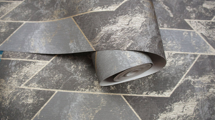 Zarci - Geometric Marble Wallpaper - Charcoal/Gold - Last 23 Rolls