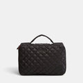 MZ Wallace black quilted Zip Round Organizer with a top handle and wraparound zip closure for travel storage.